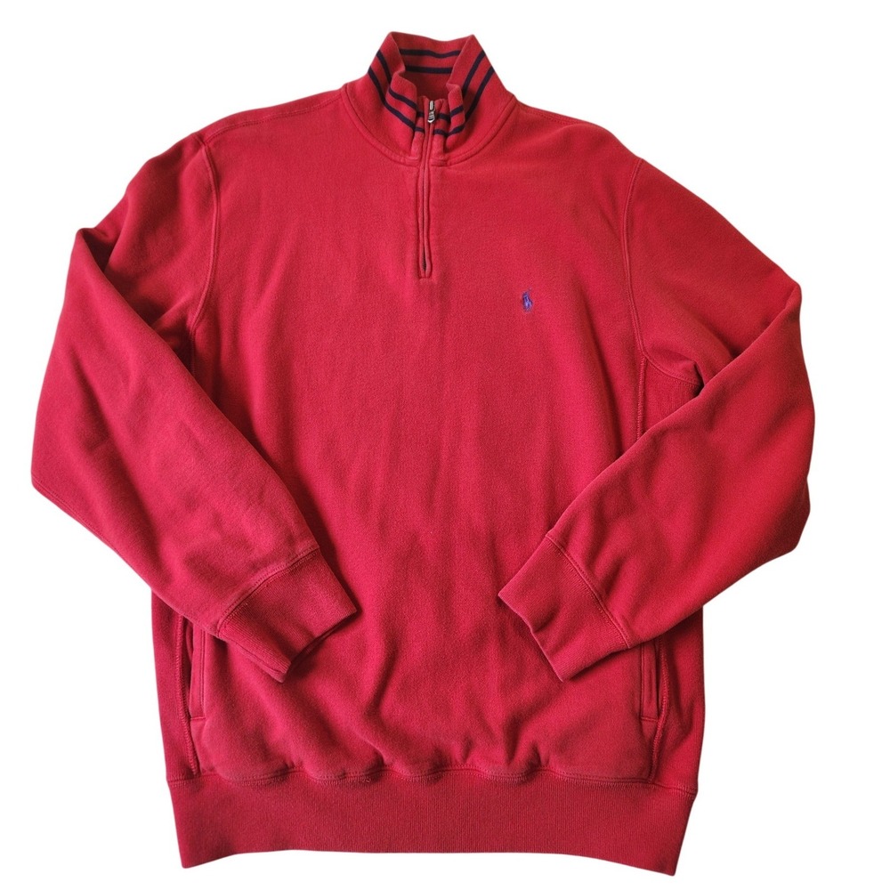 Polo Ralph Lauren Mens Red Quarter Zip Sweatshirt Mock Neck Navy Stripe Medium
